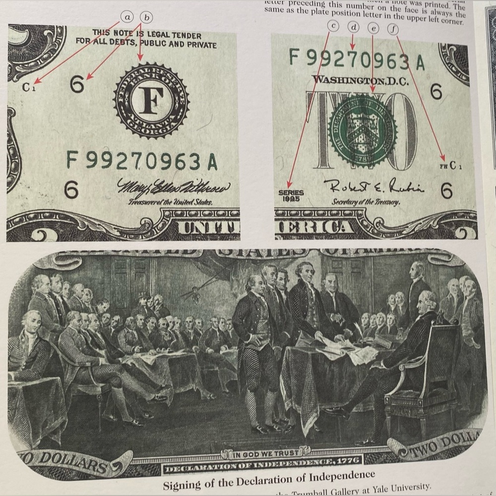 1995 US MINT 2 DOLLAR UNCUT BILLS WITH HISTORICAL DESIGN